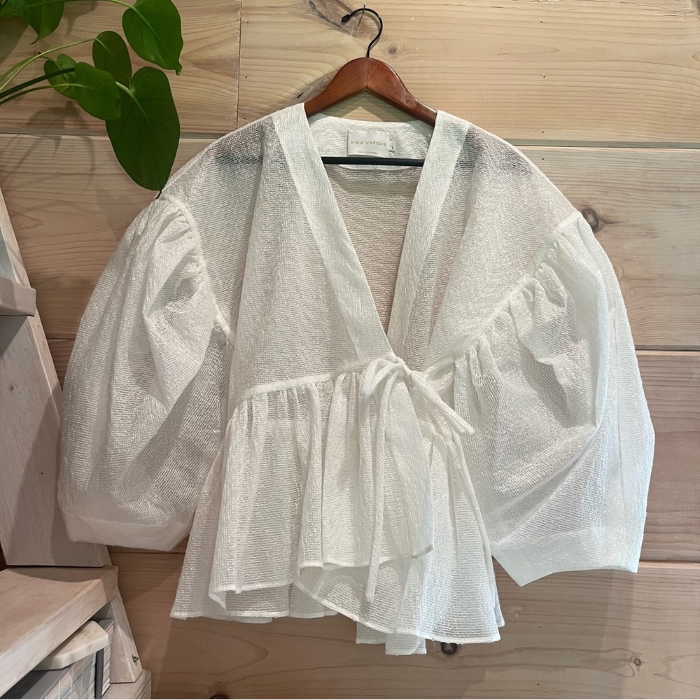 Kika Vargas Ivory Mesh Tie Front Balloon Sleeve Ruffle Hem Jacket L